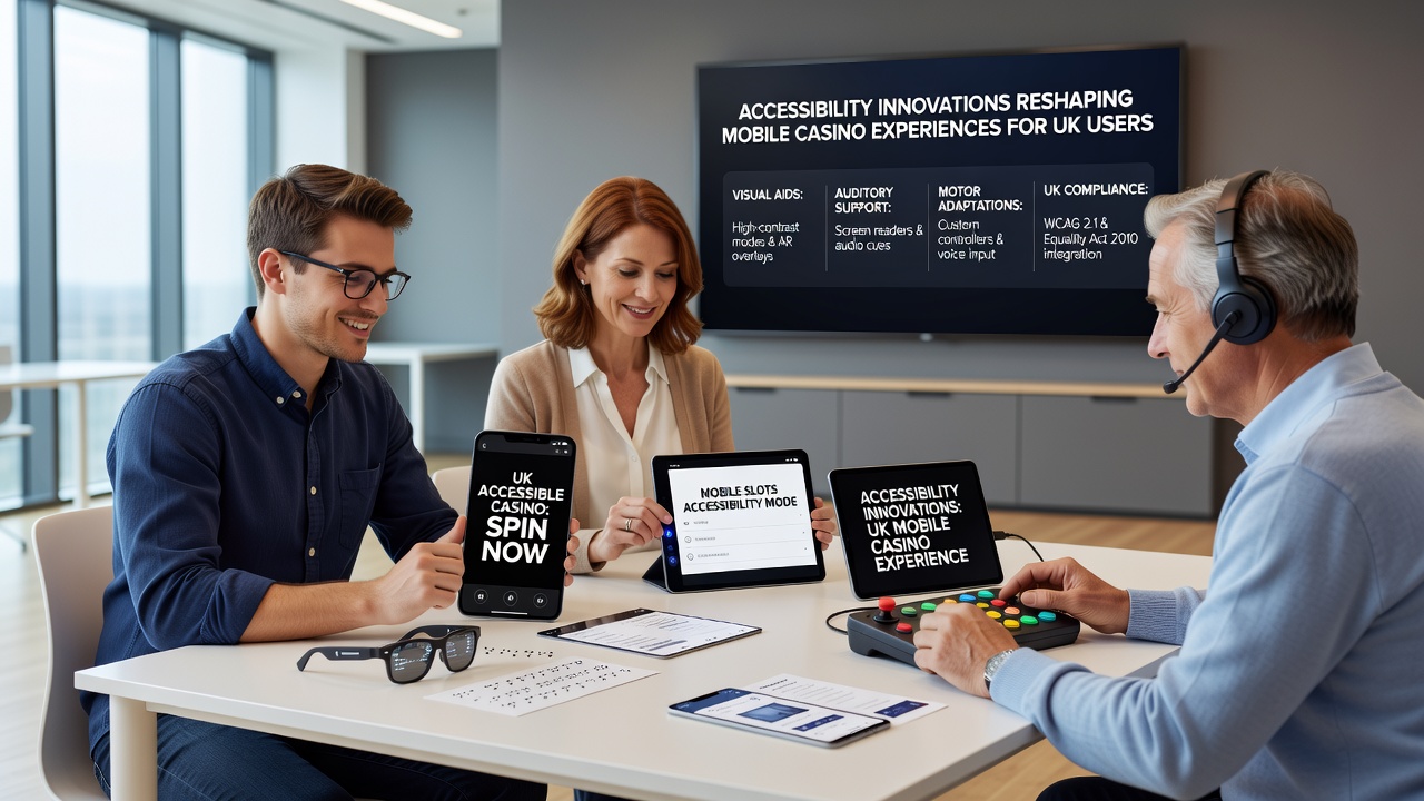 User testing accessibility features on a smartphone showing adjustable font sizes and captioning during a slot game session