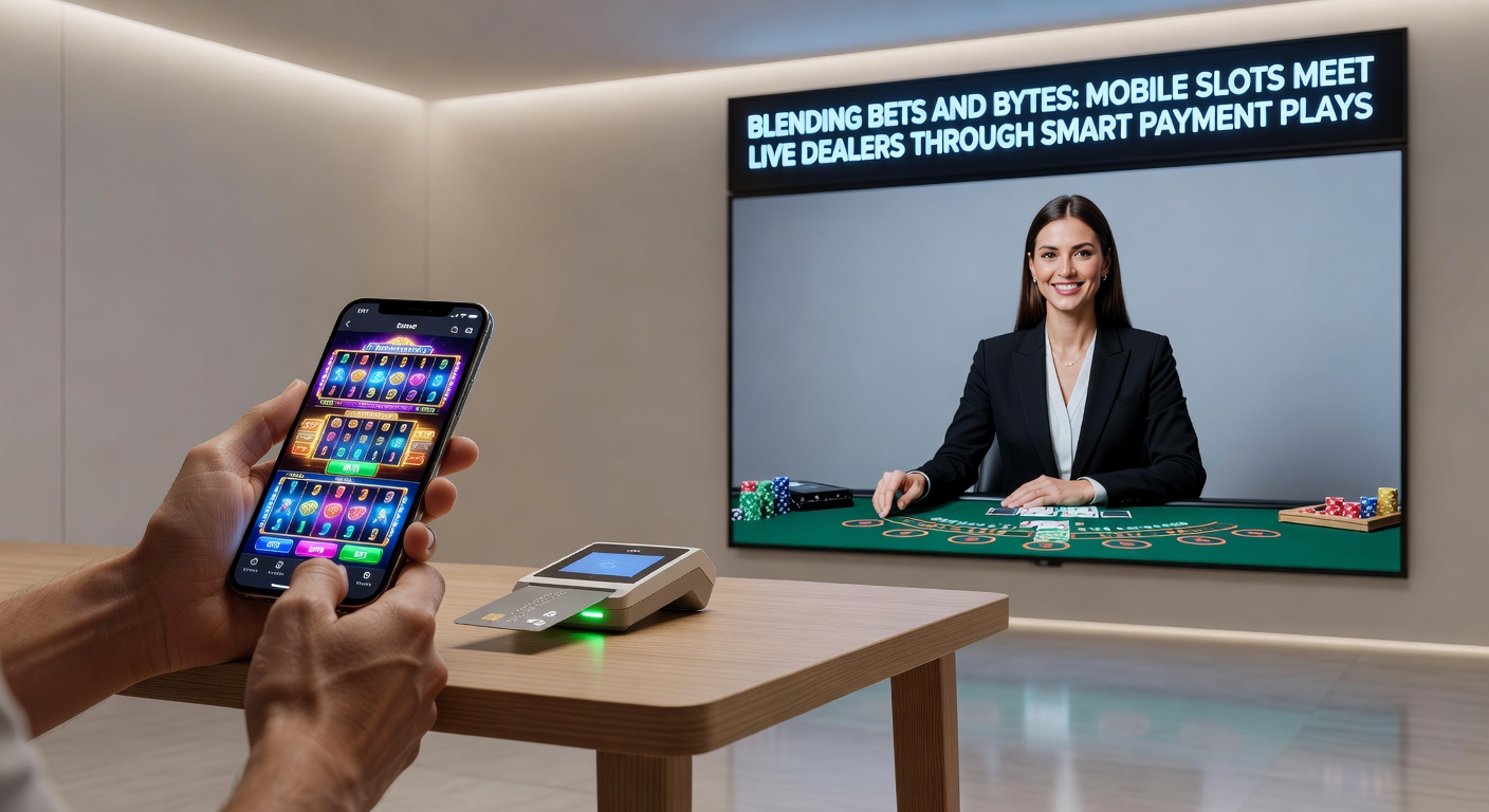 Close-up of a dealer's hand revealing cards next to glowing digital slot symbols on a split-screen mobile device, with payment app notifications popping up in the foreground