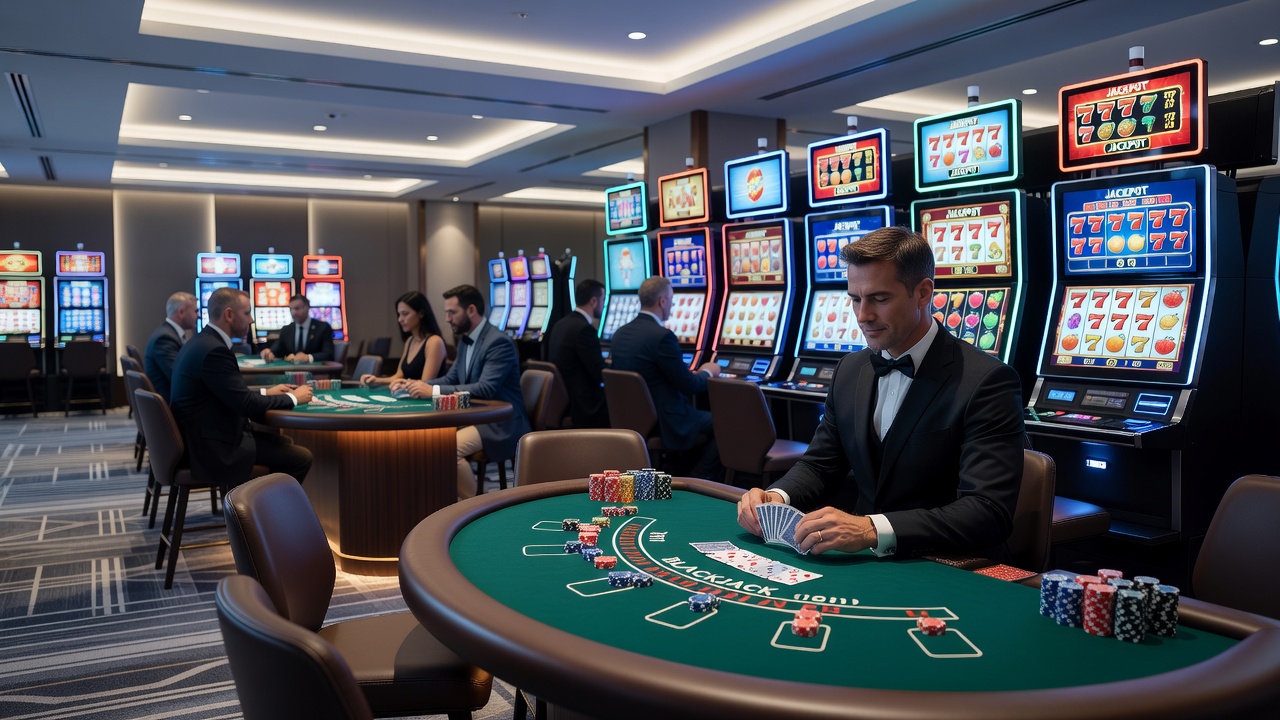 Interior view of a casino floor with rows of slot machines and digital displays