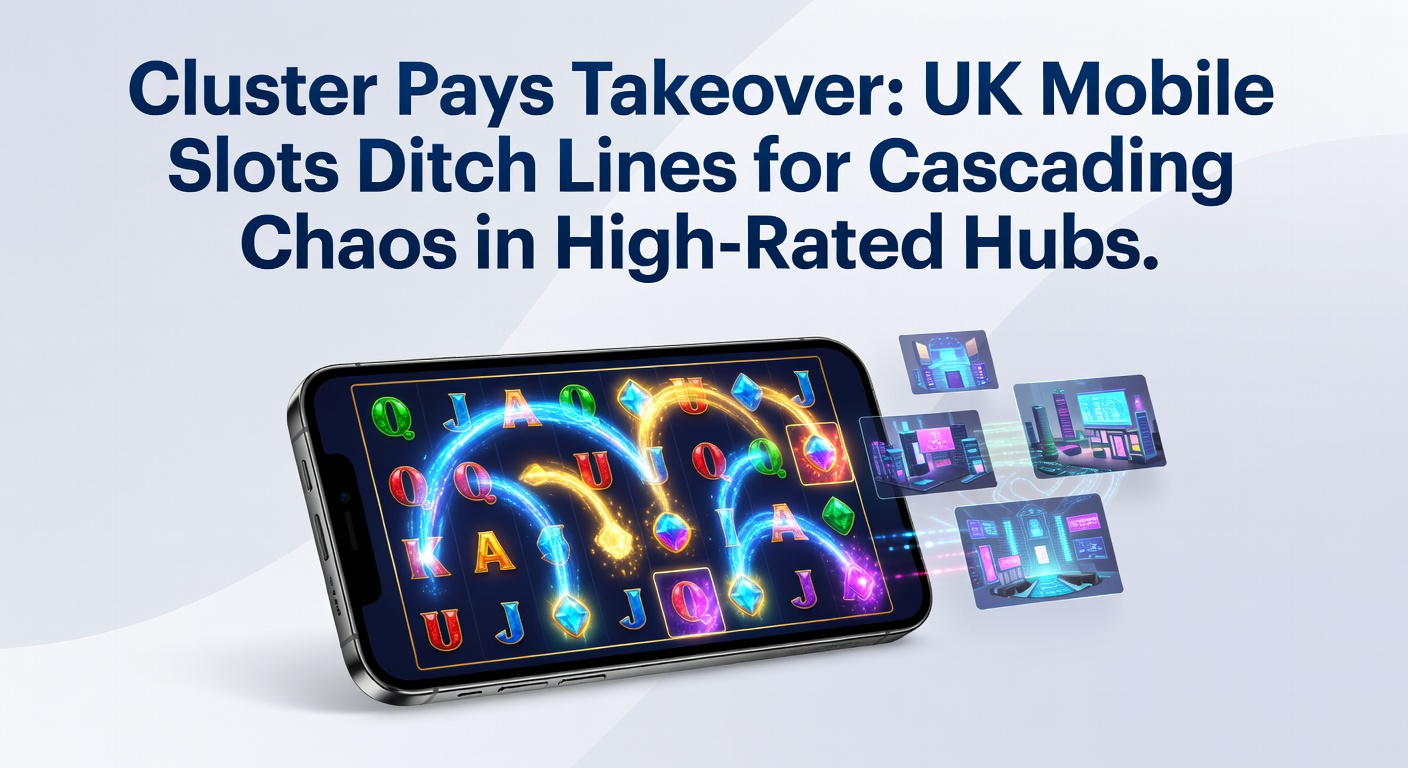 Mobile phone displaying a cluster pays slot with cascading reels in action, fruits and jewels clustering across a colorful 7x7 grid in a popular UK casino hub app