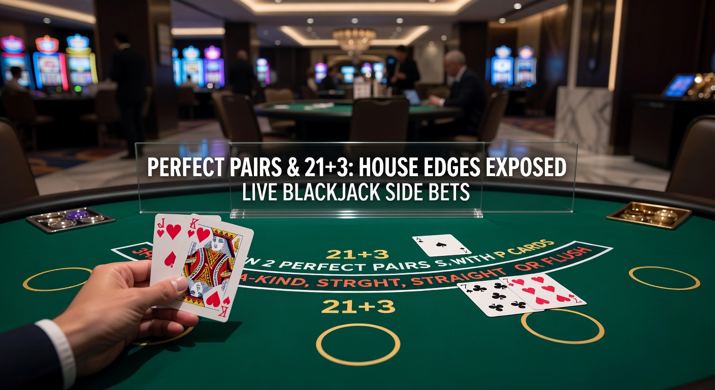 Close-up of a live blackjack interface displaying Perfect Pairs payout table alongside 21+3 poker hand options, with chips stacked near the betting spots