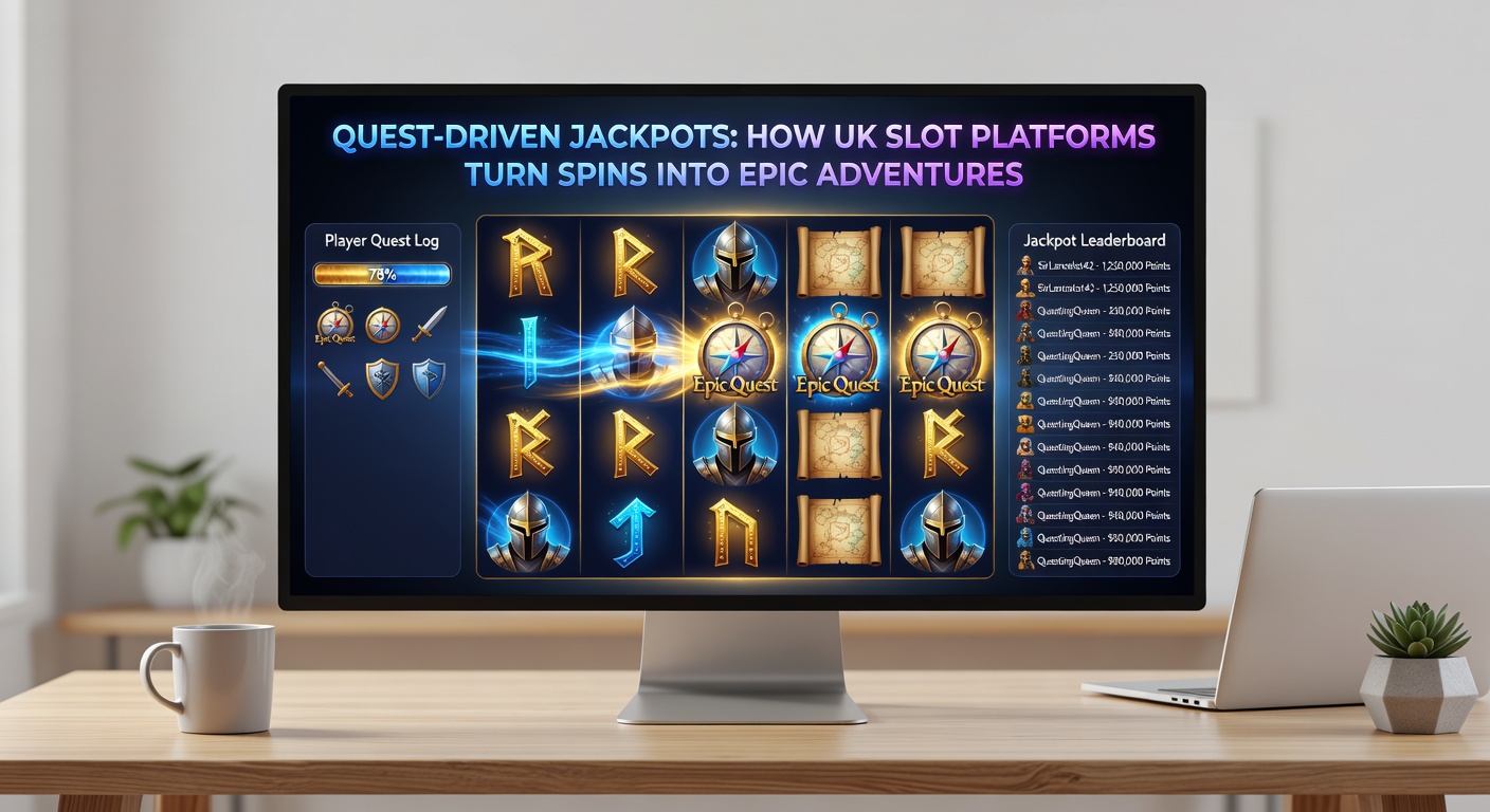 Close-up of a jackpot quest interface on a UK slot platform, featuring a fantasy adventure map, progress tracker, and overflowing treasure chest amid spinning reels