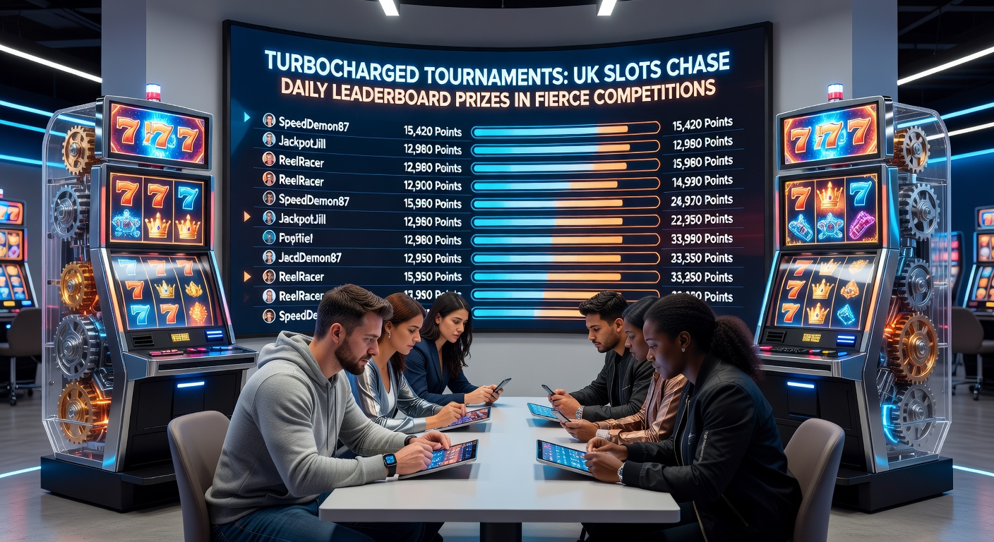Close-up of a mobile app leaderboard showing top UK slot tournament players with prize amounts, clocks ticking down, and slot icons flashing victories