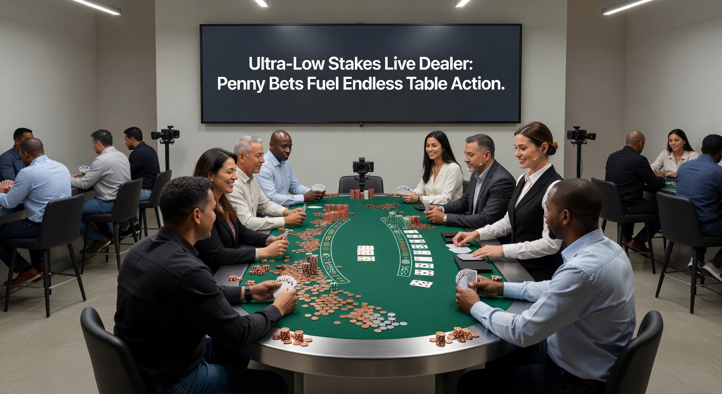 Close-up of a dealer's hands dealing cards on a low-stakes blackjack table, with digital bet interface showing penny wagers
