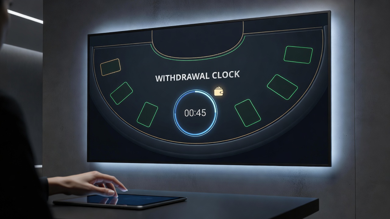 Close-up view of blackjack table screen with integrated withdrawal clock showing estimated payout time